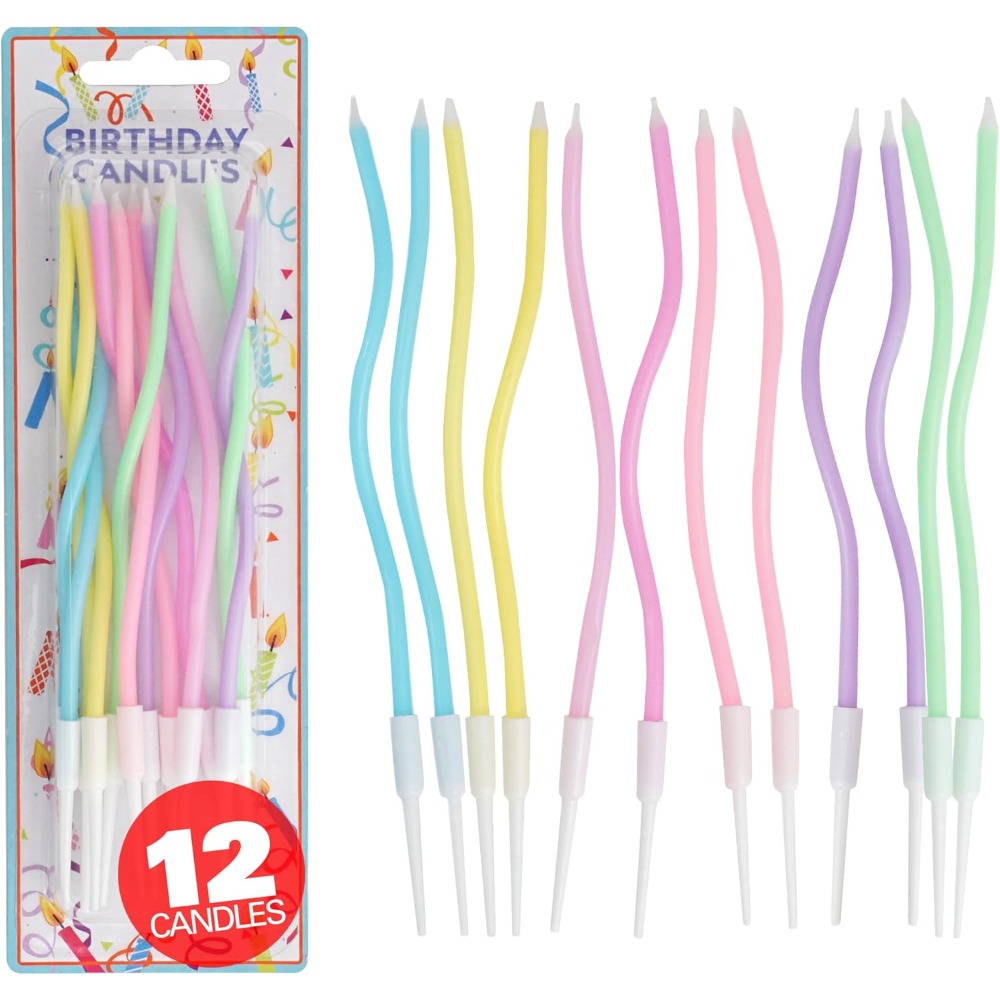 Supplies Of Candle - ชุดเทียนวันเกิดลายเกลียวสีรุ้ง 12 ชิ้น พร้อมฐานวาง สีพาสเทล สำหรับตกแต่งงานปาร์ตี้และเบเกอรี่