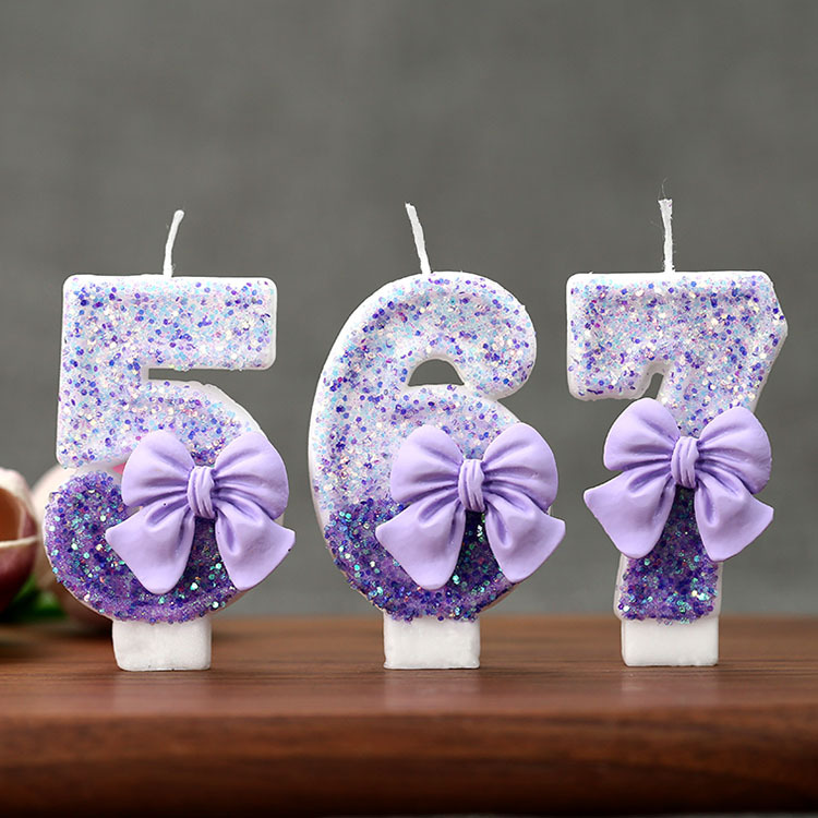 Supplies Of Candle - เทียนวันเกิดเลข 0-9 ประดับโบว์สีม่วงไล่เฉด พร้อมกลิตเตอร์ - ของตกแต่งเค้กงานปาร์ตี้ทำมือประดับเลื่อม