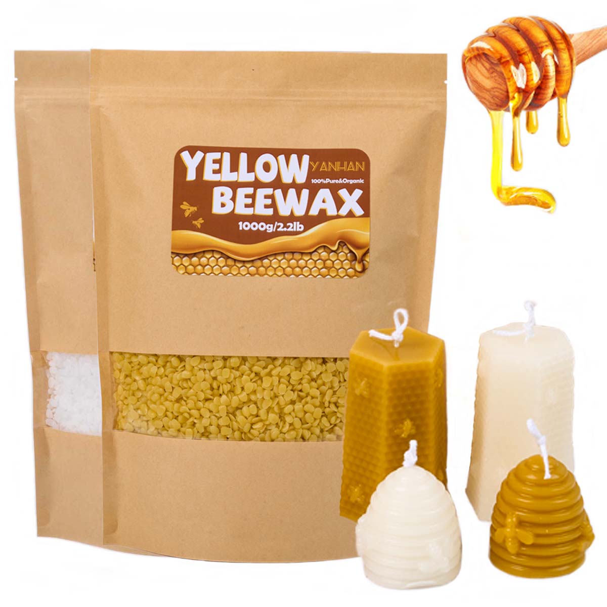 Candle Supplies Beeswax - 1000g เม็ดธรรมชาติบริสุทธิ์สีขาวสีเหลืองขี้ผึ้ง DIY Handmade ของขวัญเทียนหอมเทียนวัตถุดิบหัตถกรรมอุปกรณ์
